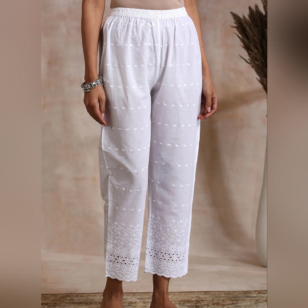 White embroidered siffli hakoba chikankari cotton pants